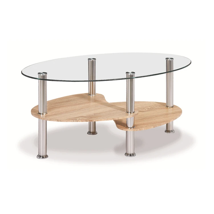 New design stylish high gloss stainless steel legs oval tempered glass coffee table