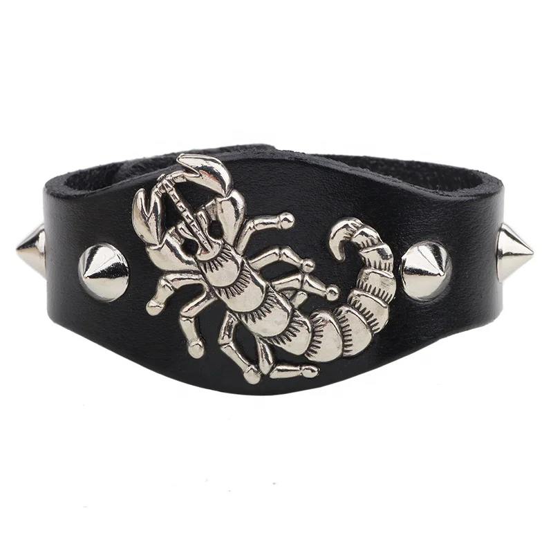 LIKA-- Scorpion Charm Sharp Rivet Studded Genuine Leather Bangle Bracelet Men,Custom Leather Bracelet