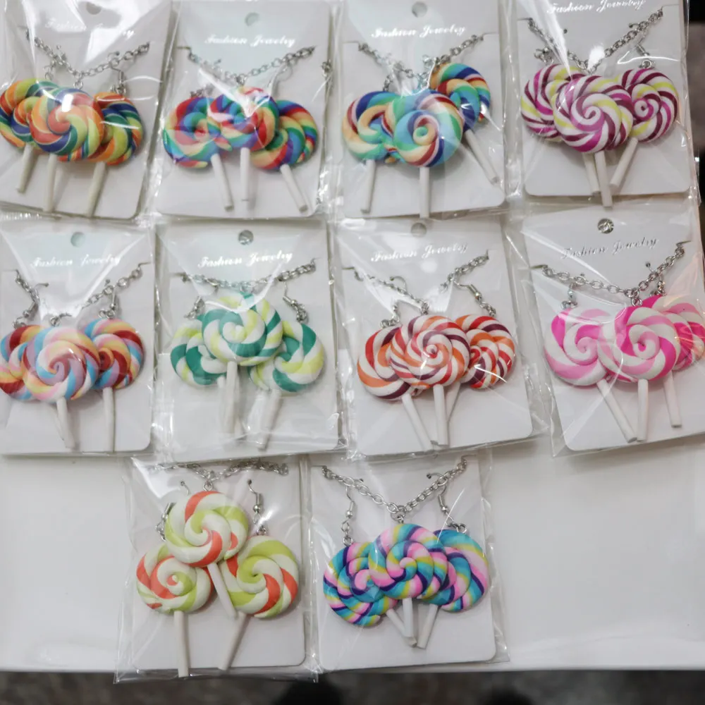 Lovely Colour Lollipop Earring Necklace Jewellery Handmade Polymer Lollipop Swirl Candy Cane Earring Necklace Set