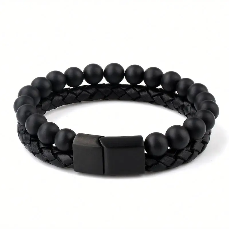 
Fashion Jewelry Black Leather Round Stone Bead Design Cool Bracelets For Boys 