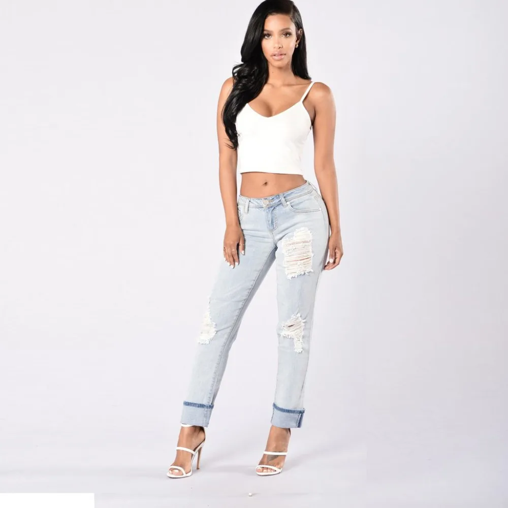 
HT-WJW 2017 Hot Selling Cheap Women New Design Denim Jean Pant Ripped Boyfriend Jeans Straight Leg can be Cuffed and Uncuffed 