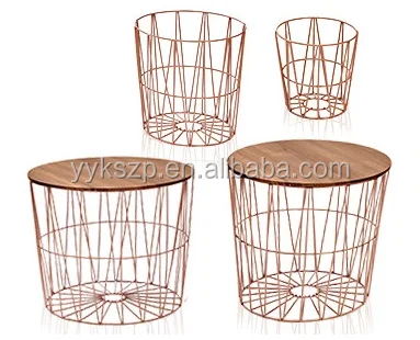 
Storage basket design metal wire frame coffee table set with solid wood cover 