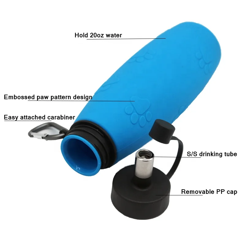 BPA Free Food Grade Silicone dog Collapsible water bottle  Leak Proof Foldable Silicone dog travel bottle with carabiner