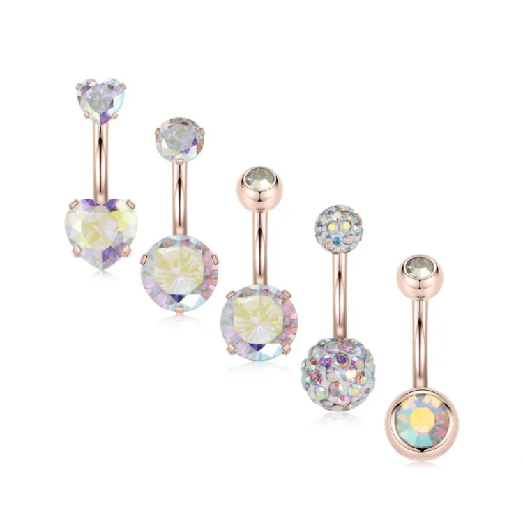 Assorted Rose Gold Surgical Steel  CZ Double Gems Navel Piercing Rings