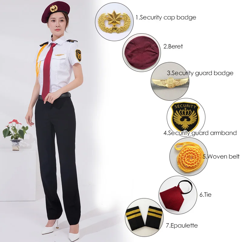 White short sleeve security guard uniform shirt for woman with cap