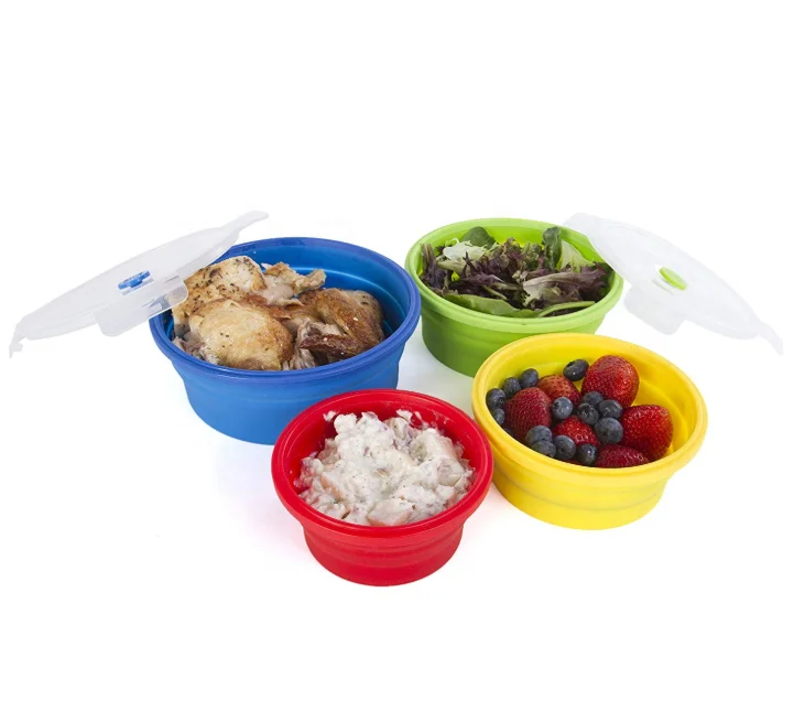 Hot selling BPA Free Microwave Safe  Foldable Round Silicone Food Storage Container, Lunch Box
