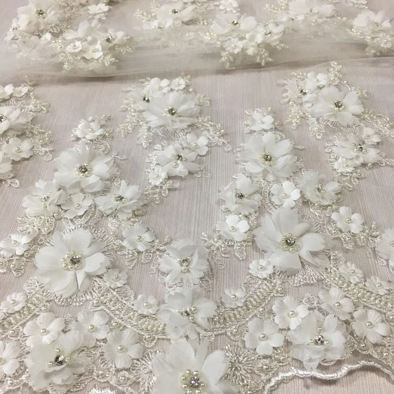 
top fashion 3d flower lace embroidered fabric with hand beaded stones applique for bridal, high quality wedding fabrics 
