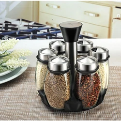 Stainless Steel Rotary  Spice Jar set Glass condiment pot/bottle with spice rack