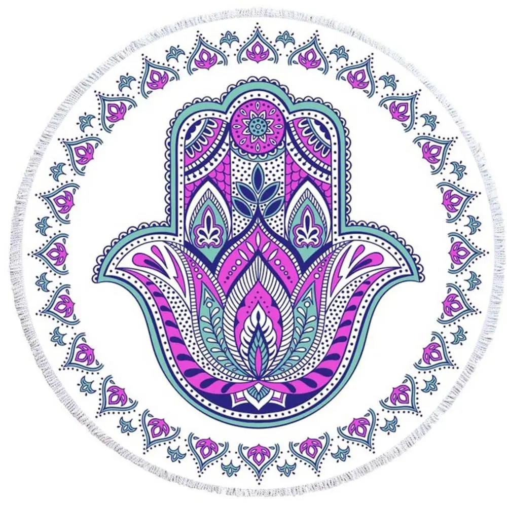 Hot selling 100% Microfiber Customized round hamsa beach towel for kids With tassel fringe