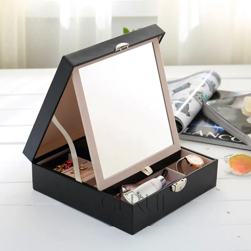 Wholesale Black Leather Foldable Lock Mirrored Jewelry Trinket Box With Mini Gift Box Inside