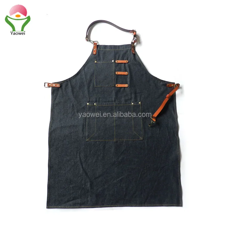 newest custom high quality cooking cotton jeans apron with tool pouch Denim Apron