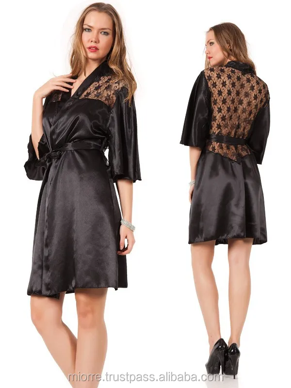MIORRE BLACK RUCHED SATIN ROBE ,SATIN LINGERIE,
