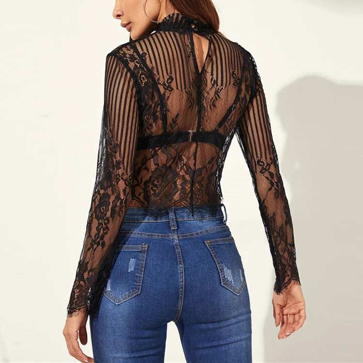 Highstreet Black Mock-neck Sheer Lace Button Stand Collar Blouse Women Modern Casual Crop Top HSB6462
