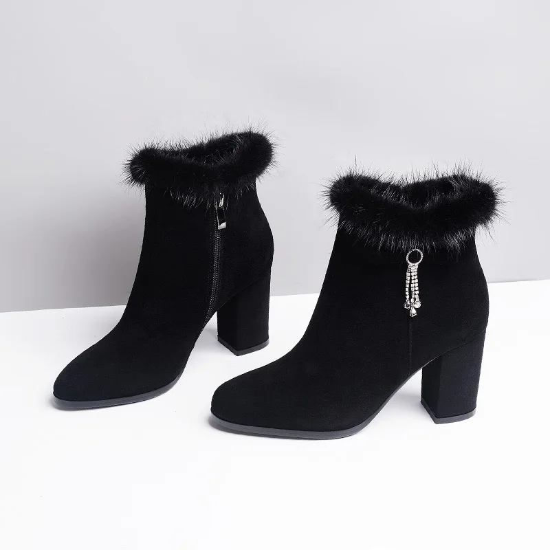 New Arrivals 2021 H390 Solid Leather Winter High Heel Plush Collar Kid Suede Boots Zip Ankle Women Boots