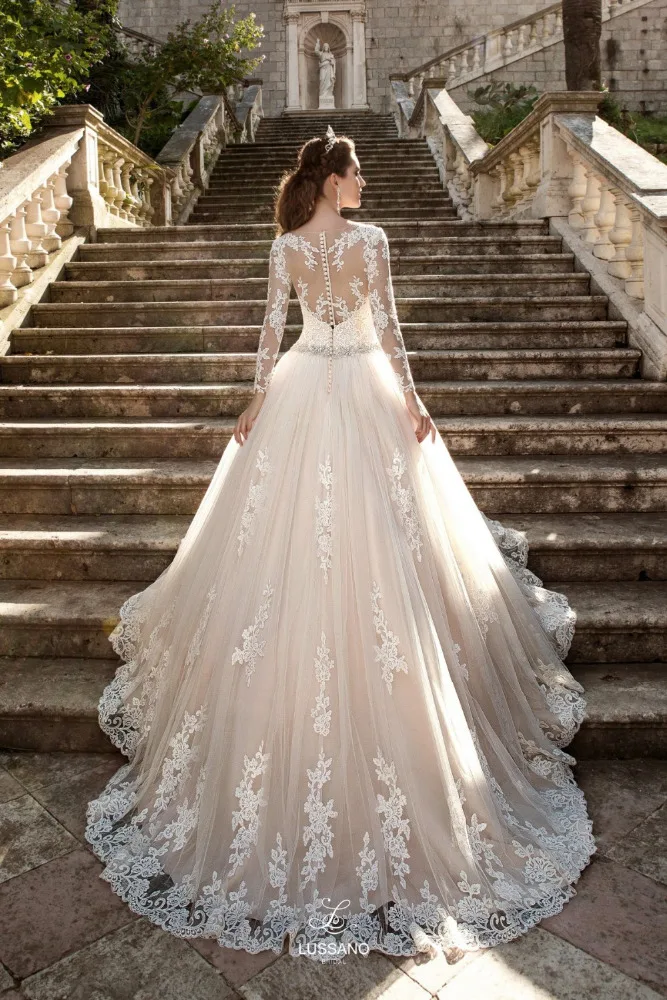 ON115 Vestido de noiva Long Sleeve Wedding Dress 2023 Sheer Tulle Back Lace Appliques Wedding Gowns Bead Belt Bride Dresses Boda