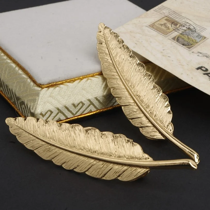 Custom design 10cm*2.3cm gold plated feather alloy brooch