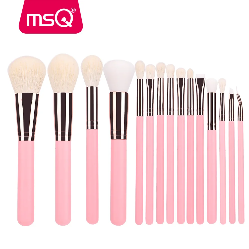 MSQ 15 Pieces White Synthetic Hair and Goat Hair Rose Gold Aluminum Ferrule Pink Handle Classic Makeup Brush Set without label