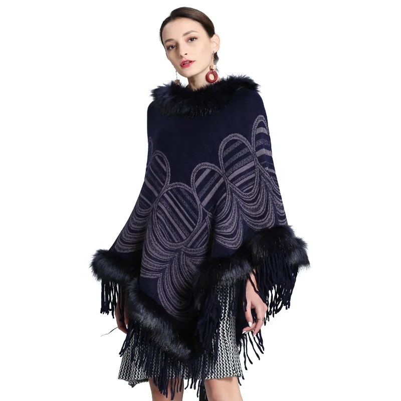 
New design faux fox fur collar faux cashmere head cloak ladies knitted fur shawl  (62012990779)