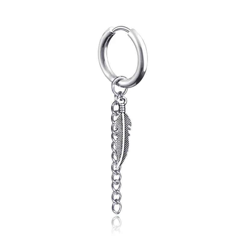 2019 Mens Tassel Chain Black White Plated Feather Stainless Steel Earring Guys Jewelry Hipster Grunge Style Punk Dagger Earrings