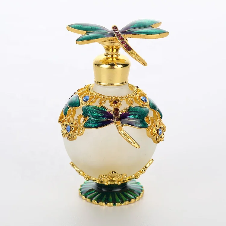 25ml round shaped metal alloy green dragonfly perfume bottle empty glass essential oil bottles with stainless bar#70010