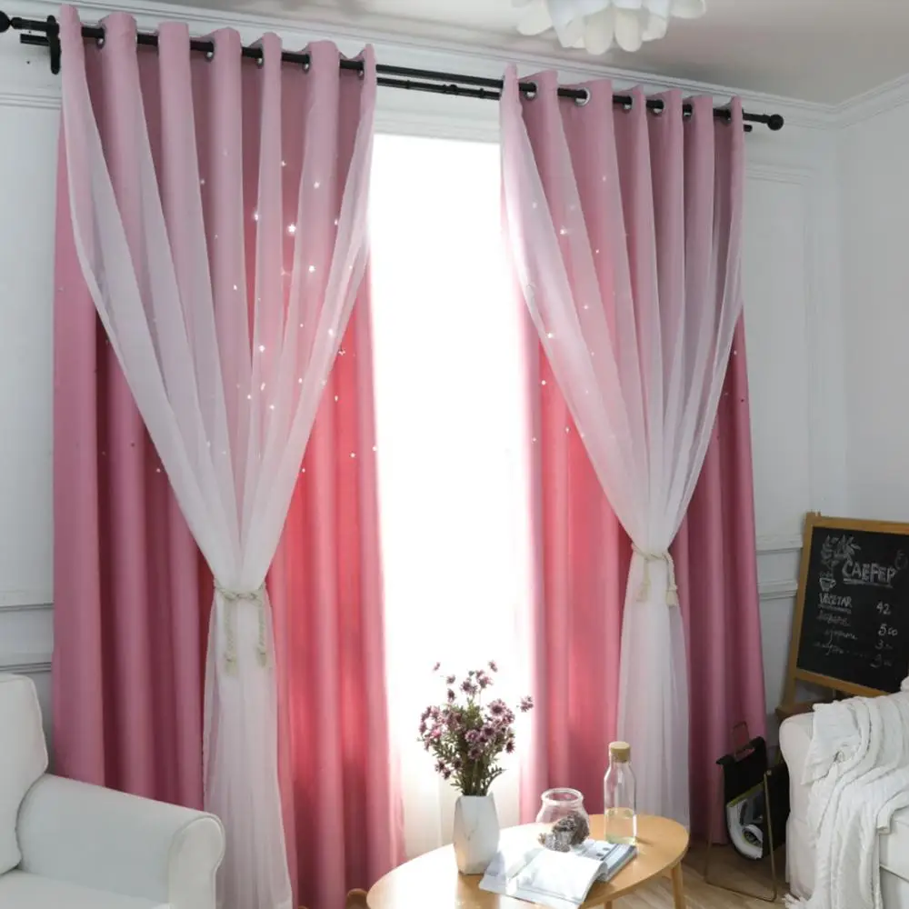 Blackout Curtains for Kid Girls Bedroom Living Room Darkening Stripe Double Layer Star Cut Out Home Decor Window Curtains