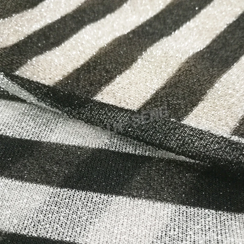 60g Polyester Knit Fabric , Black and White Classic Lurex Stripe Mesh , See Through Glitter Mesh Fabric for Dress