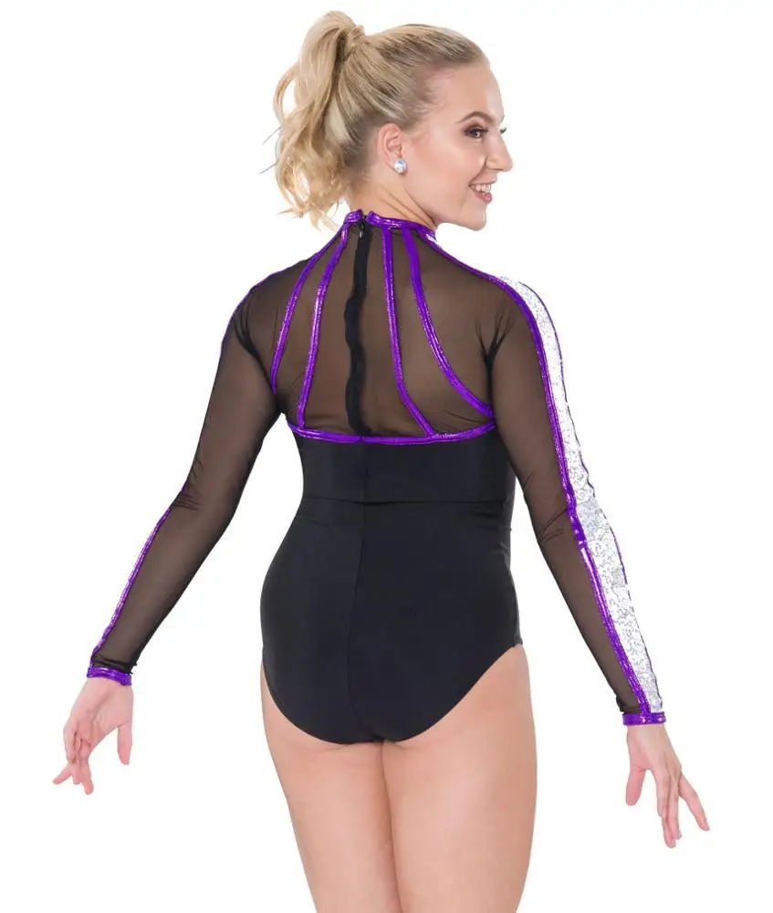 Low MOQ Dance Team Wear Metallic Fabric Mesh Leotards Girls Sublimation Gym Clothing Long Sleeve Gymnastic Leotards Custom