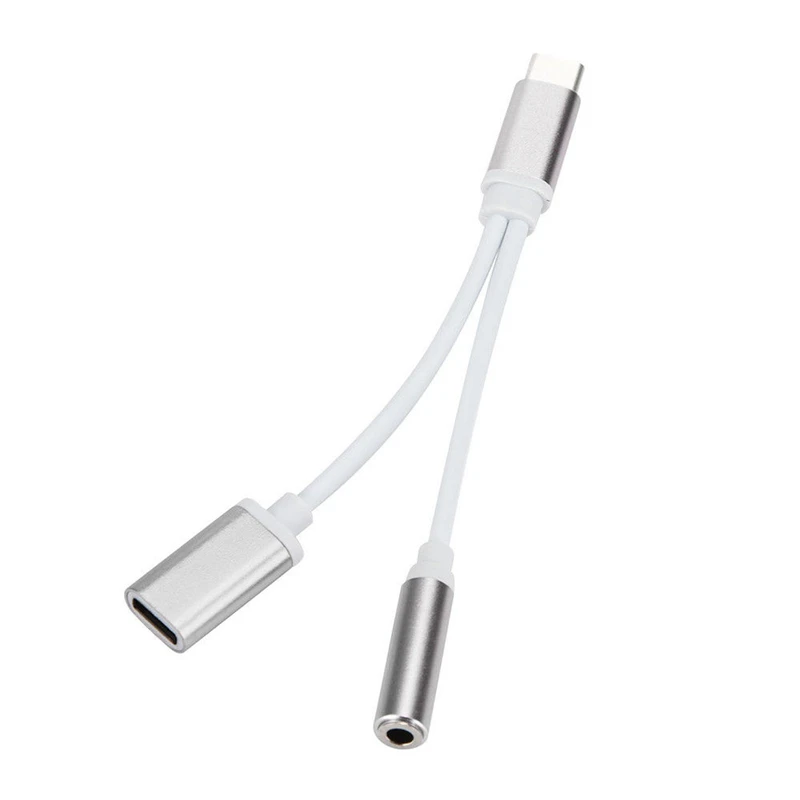 2 in 1 USB 3.1 Type-C Charger 3.5 mm Audio Headphone Jack Adapter Cable - Silver