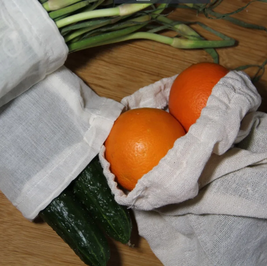 Biodegradable Reusable Organic Cotton Grocery Produce Drawstring Mesh Bag for Vegetable Fruit