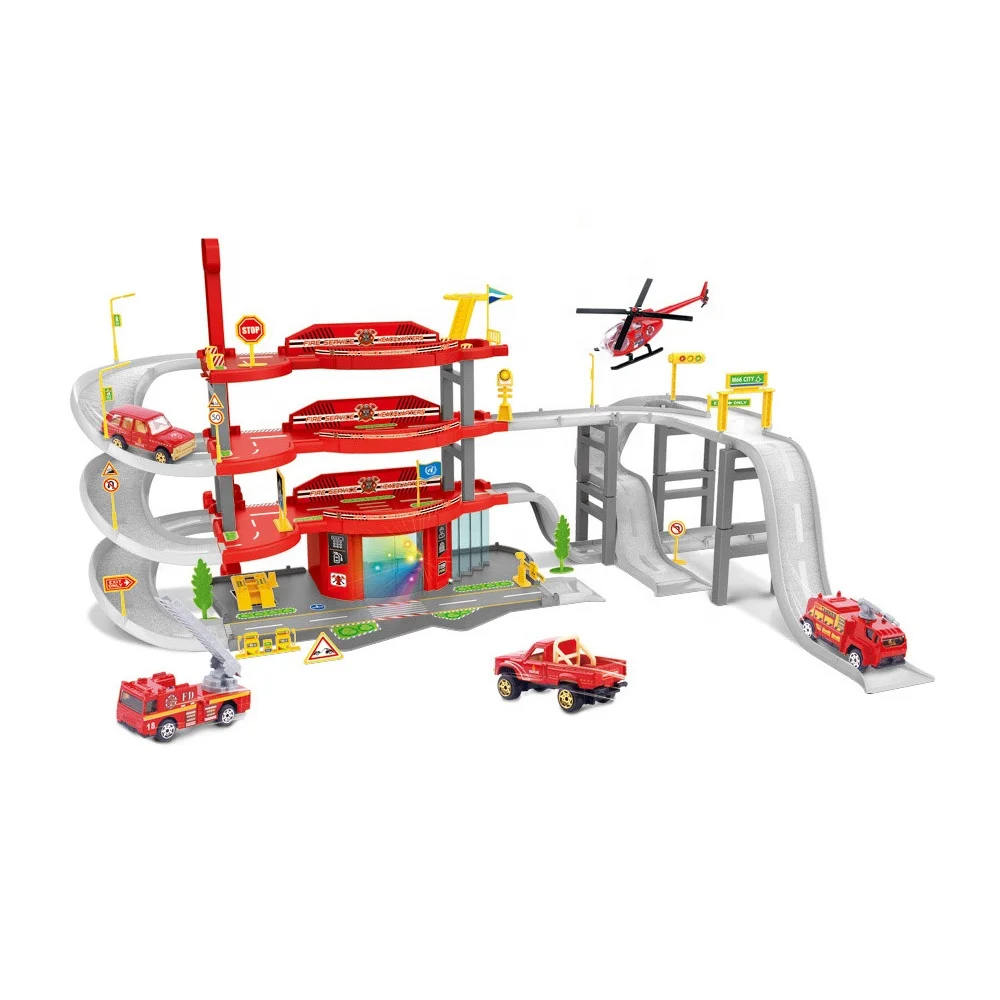 High quality metal model car parking lots kids fire station set car parking garage toy.