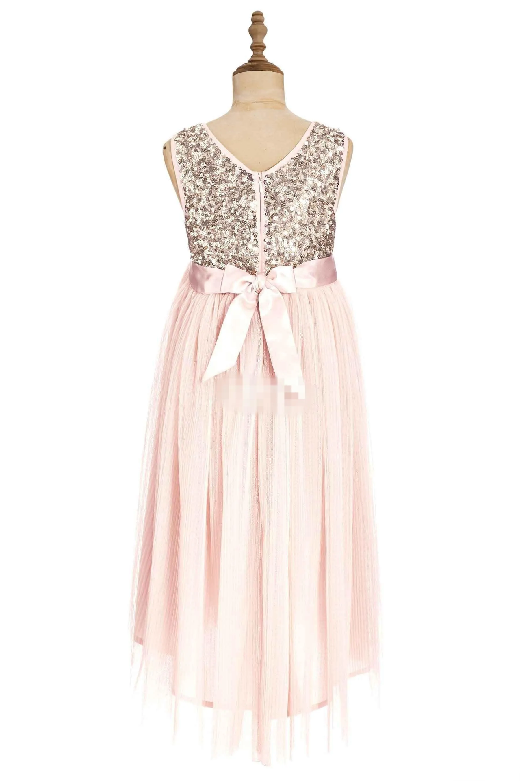 ZH0841X 2019 Blush Flower Girls Dresses Gold Sequins Hand Made Flower Sash Tea Length Tulle Jewel A Line Kids Formal Dress