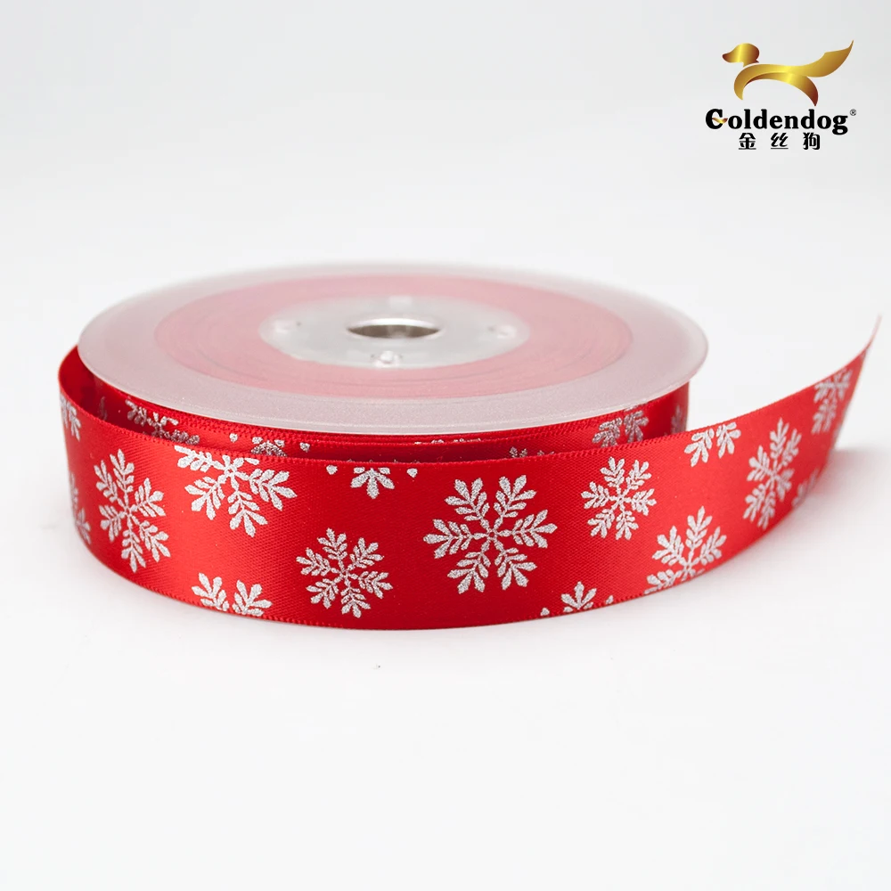 Manufacturer of single face red polyester ribbon satin christmas printed sliver and gold snow ribbon 25mm