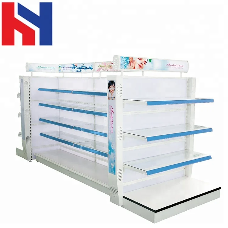 Double sided 3-4 layers gondola display cosmetic shelving for Beauty supply store equipment