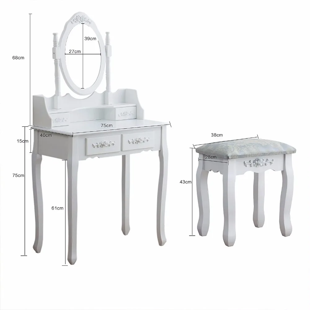 Furniture Dressing Table 4-Drawer Makeup Dresser Set with Stool & Oval Mirror