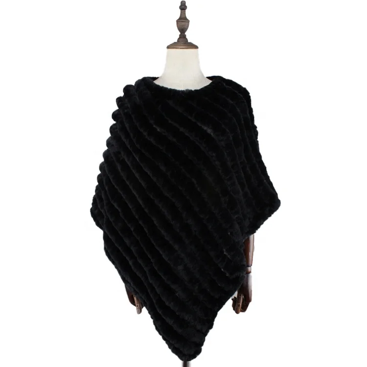 
Factory Wholesale Knitted Faux Fur Poncho Female Fake Rex Rabbit Fur Thick Shawl 