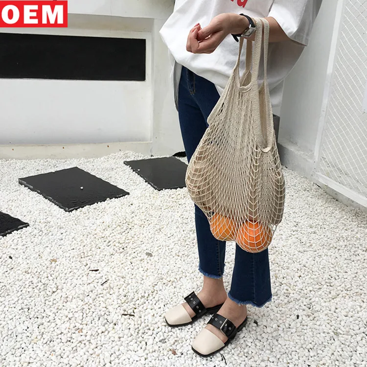 
2018Custom Eco Macrame Mesh Shoulder Bag Knitted Cotton Rope Mesh Net Shopping bags 