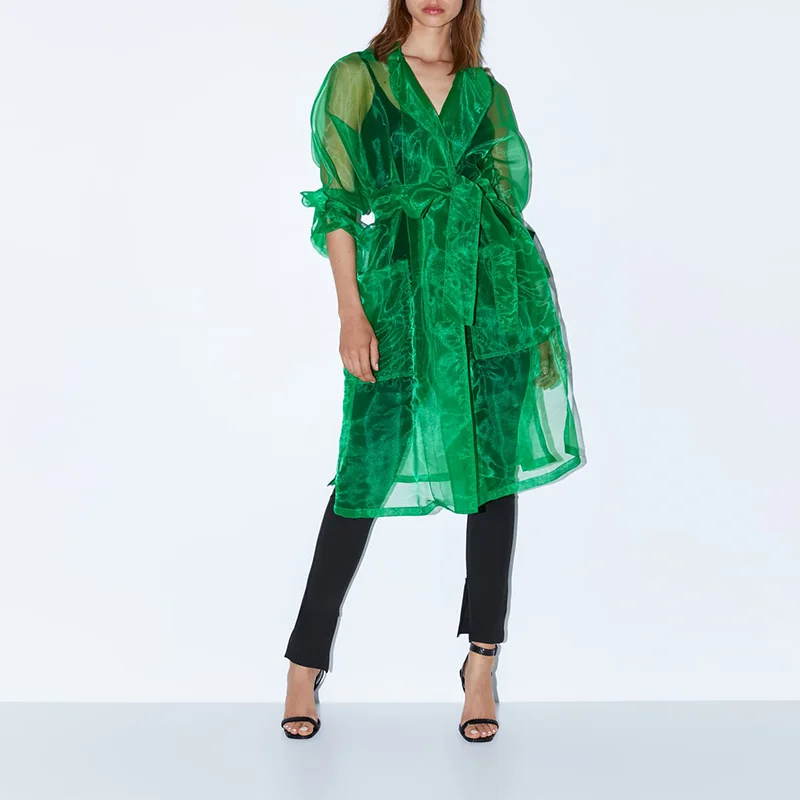 2019 New Arrival  Organza Lapel Collar Long Coat Women Trench Ladies