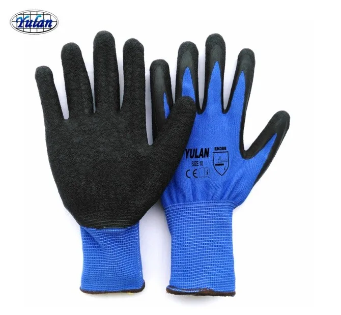 Yulan DLP603 13 gauge Blue polyester palm coated latex crinkle finish working gloves