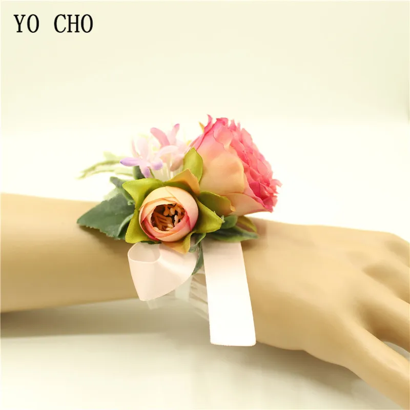 YO CHO silk pink leaf succulent Prom wedding Quinceanera Groom bridal bridesmaid handmade artificial silk bridal wrist