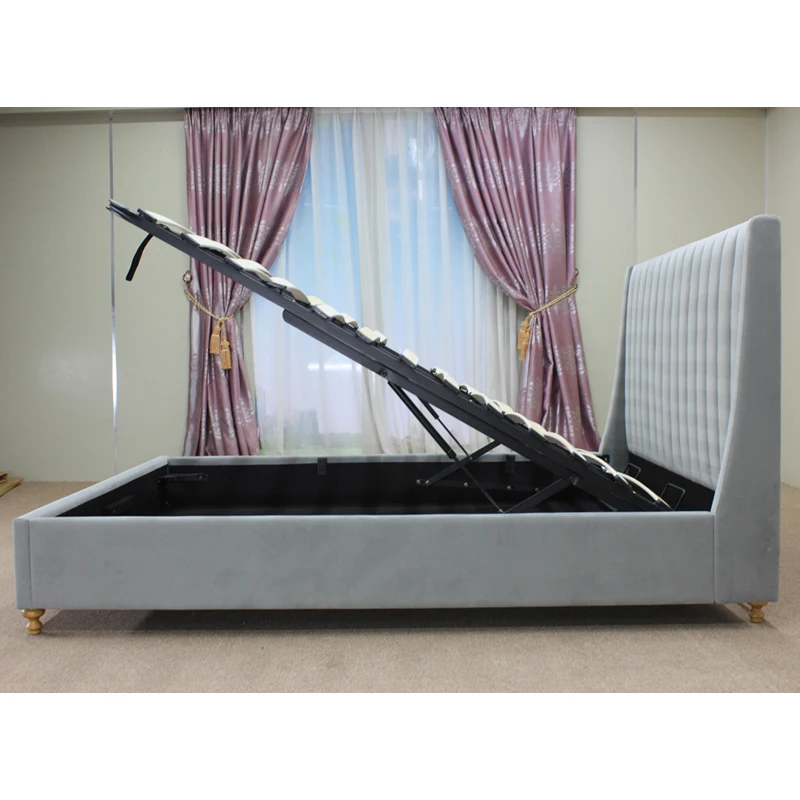hydraulic gas lift bed solid wood storage upholstered fabric bed