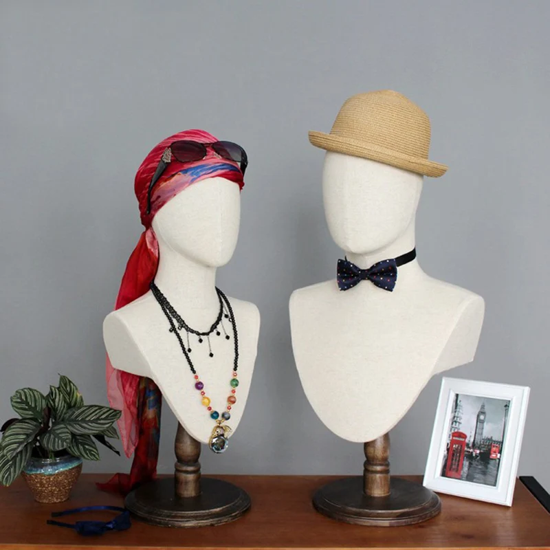 Canvas linen fabric cover vintage abstract mannequin head without hair for hat and scarf display