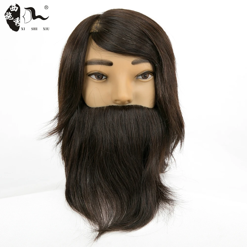 XISHIXIU Human Real Hair Training Doll Manikin Head with Beard Moustache Barber Practice Realistic Male Men Mannequin Heads