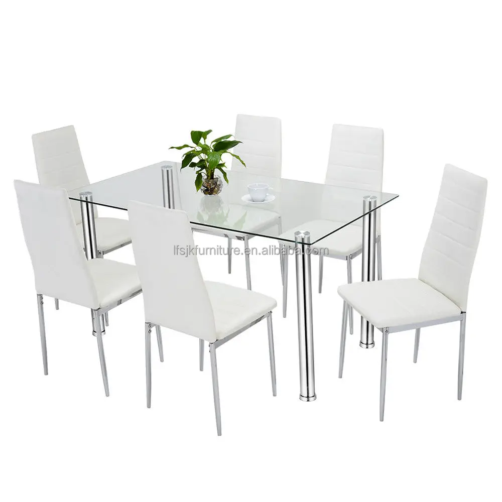 Дешевый набор стеклянных обеденных столов и 4 или 6 стульев из искусственной кожи белого черного цвета