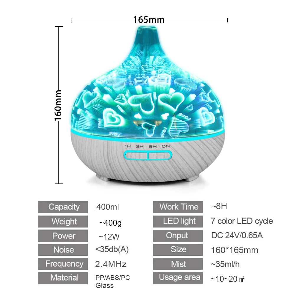 7 Color Led Change & 3D Glass Mirror Essential Oil Diffuser for Home