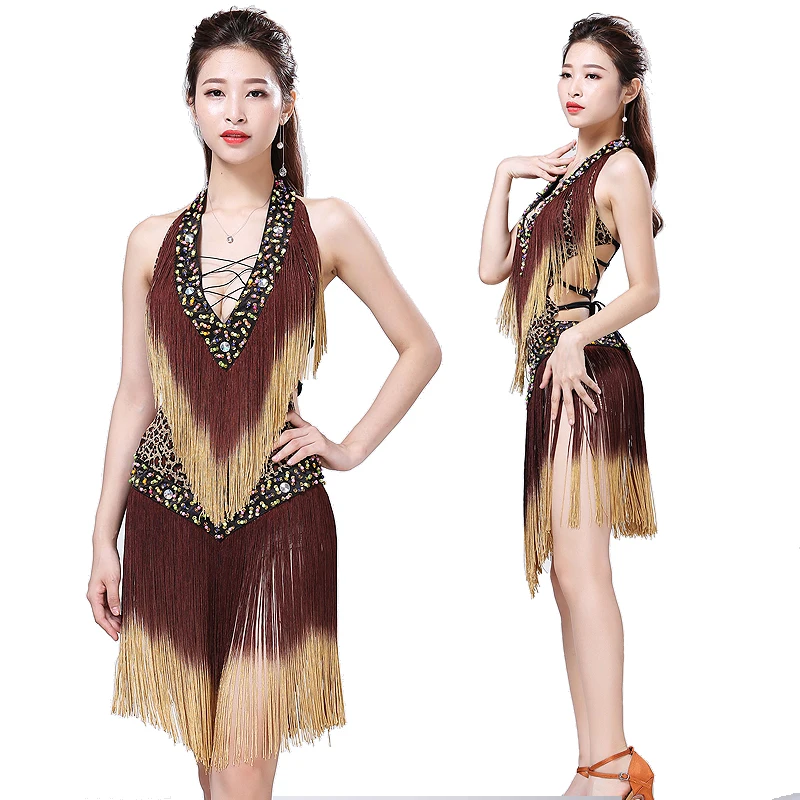 Leopard Backless Tassel Night Club Cocktail Party Latin Dance Costumes For Women Professional Dance Dress Ballroom V-neck