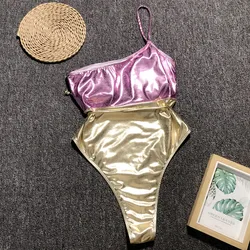 2019 One-shoulder Metallic Matching Swimwear Pink Glitter Bikini
