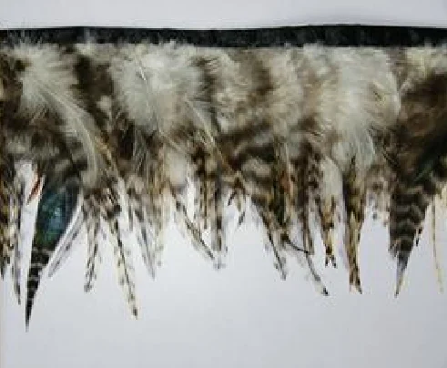 China feather factory wholesale Natural brown grey Grizzly Rooster Saddle feather trim Fringe with satin ribbon tape