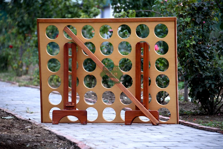 PERFECT natural varnished wooden giant connect four game with 42 printed plastic chips