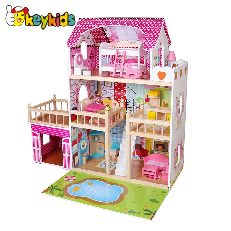 Розовый деревянный кукольный домик для детей, деревянная игрушка DIY Кукольный дом для детей, прекрасная деревянный кукольный
