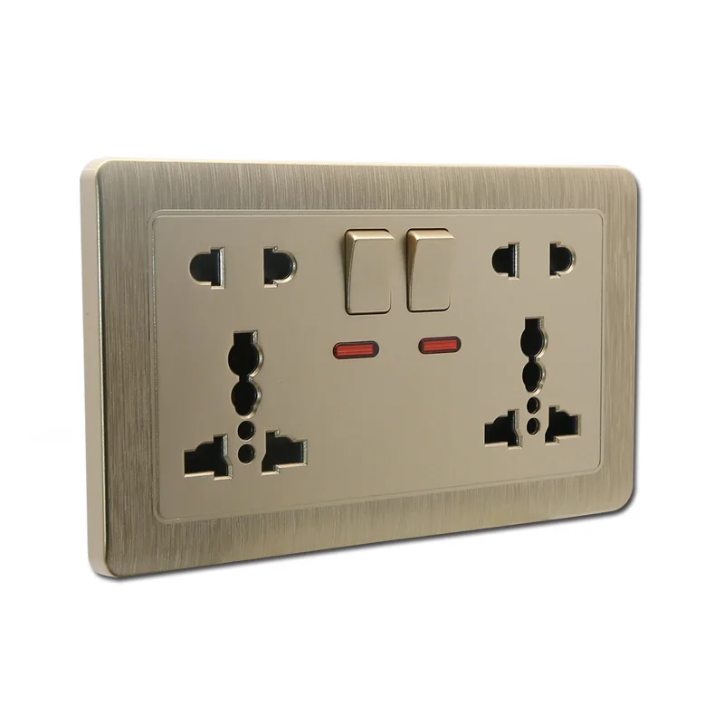 2 gang Twin 5 pin MF power socket with neon golden color plate switched socket